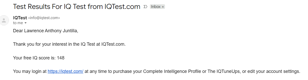IQ test email screenshot showing a score of 148.